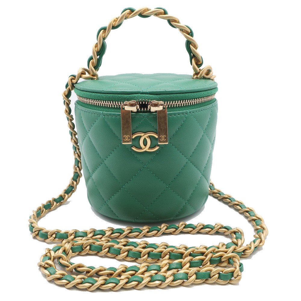 CHANEL Mini Vanity Bag Green Lambskin Gold Hardware Chain Shoulder Coco Mark