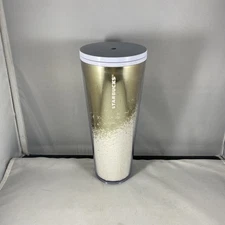 Starbucks Holiday Cascading Tumbler Mirror Glitter Gold White Cold Cup 24OZ EUC