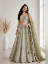Pastel Sage Green  Champagne Embroidered Silk Blend Lehenga Choli Set