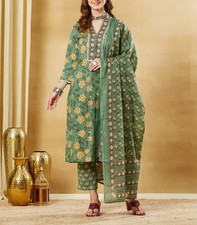 Green Floral Cotton Kurta Set Women Indian Ethnic Suit With Dupatta