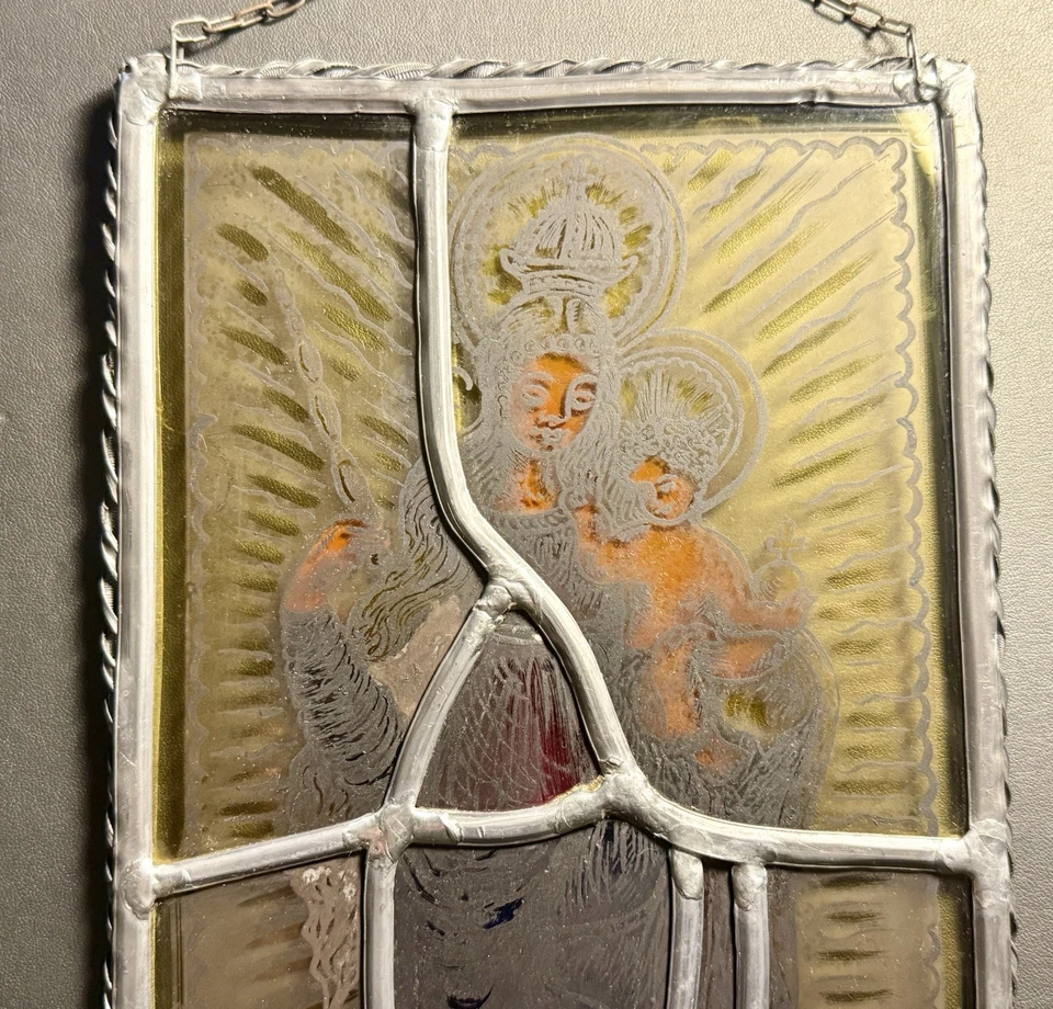 Antique German Hand Painted Lead Frame Stained Glass Madonna & Child Window Art - Image 4 of 4