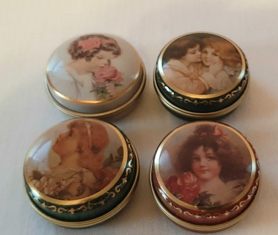 Vintage 1980s Victorian Style Round Pill Tin Boxes with Plastic Liners -Lot of 4