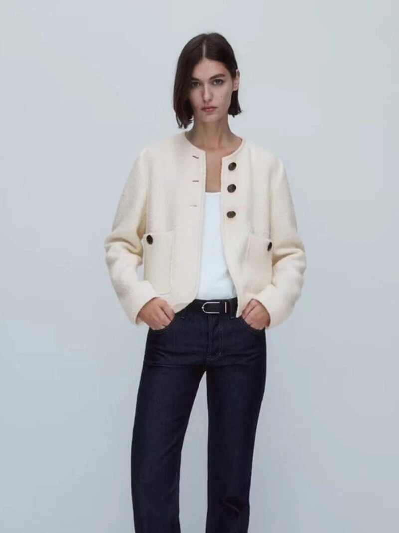 OFF WHITE Cappotto donna Massimo Dutti slim fit casual bottoni oro