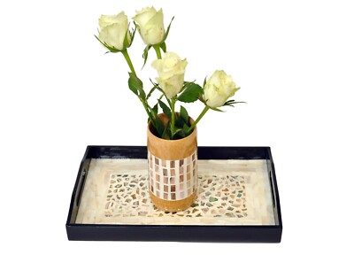Rechteckiges Tablett aus Holz mit Lackintarsien, Servieren Deko, creme, klein H063S