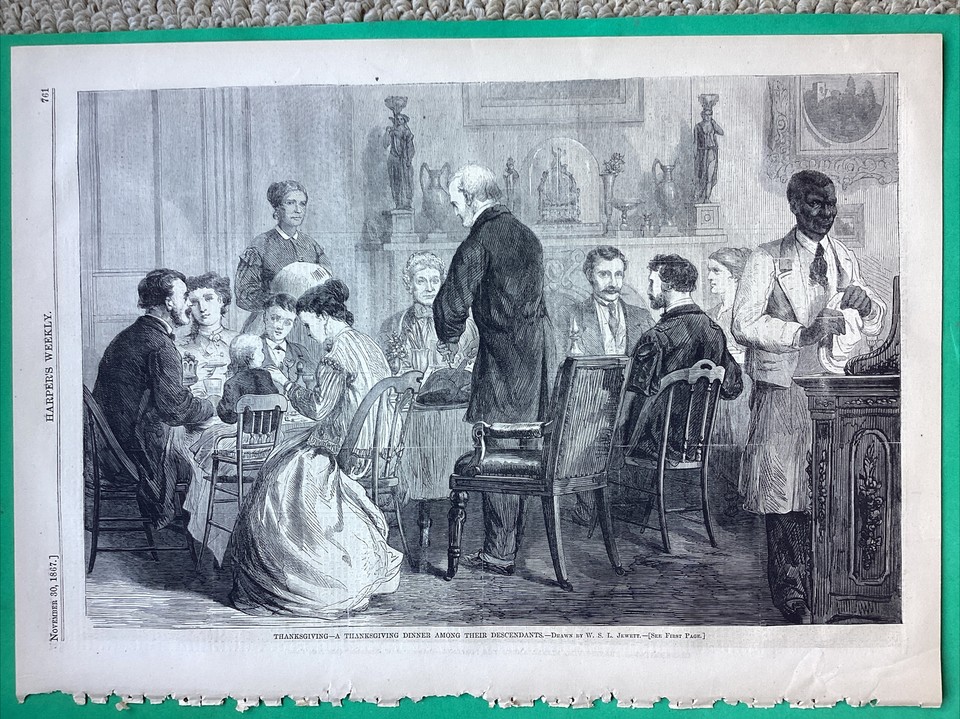 1867 THANKSGIVING DINNER TURKEY FAMILY BLACK BUTLER WOODCUT PRINT