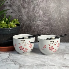 2 Set of 4 pieces 5'' Cherry Blossom White Ceramic Ramen Noodle Rice Bowl Gift