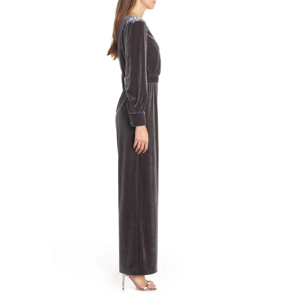 Eliza J Wrap Draped Look Long Sleeves V-neck Velvet Jumpsuit Gray Size 0 - Image 3 of 4