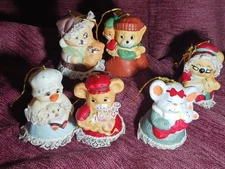 JASCO CARING CRITTER CHIMERS Bisque Porcelain Bell Ornaments Lot of 6 Vintage