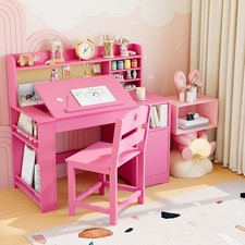 Kids Study Desk  Chair Set with Hutch, Tiltable Desktop  Storage Cabinet 3-8Y