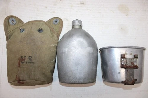 US Military Issue WW2 1918 Metal Water Canteen 1941 Canvas Pouch and Cup  JC16
