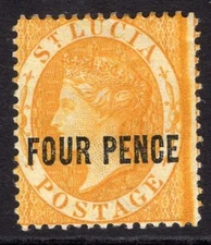 ST LUCIA 1882-84 4D YELLOW FRESH MOUNTED MINT. STANLEY GIBBONS NUMBER 27.