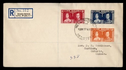 DR WHO 1937 NEW ZEALAND FDC KGVI CORONATION COMBO REGISTERED M71811