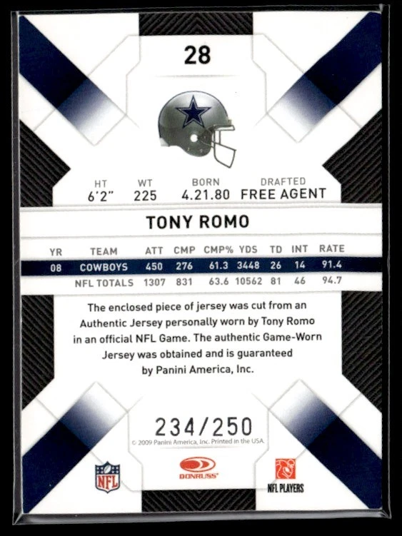 2009 Donruss Threads Tony Romo 234/250 Cowboys #28 - Image 2 of 2