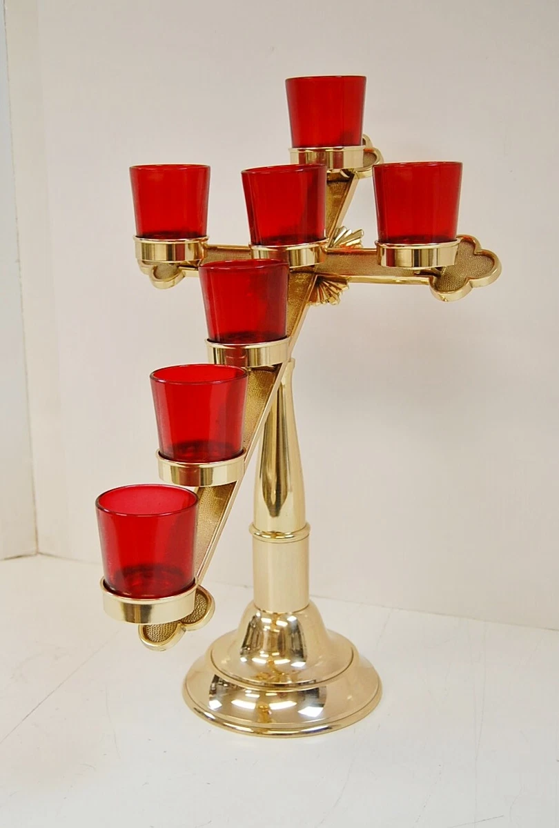 SOLID BRASS CROSS SHAPE CHURCH VOTIVE CANDLE HOLDER WITH RED GLASS 396