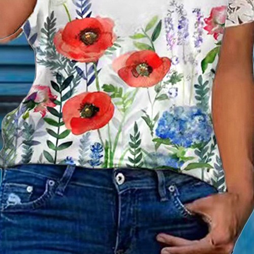 Womens Lace V-Neck T-Shirt Tops Ladies Short Sleeve Summer Casual Looose Blouse - Picture 9 of 26