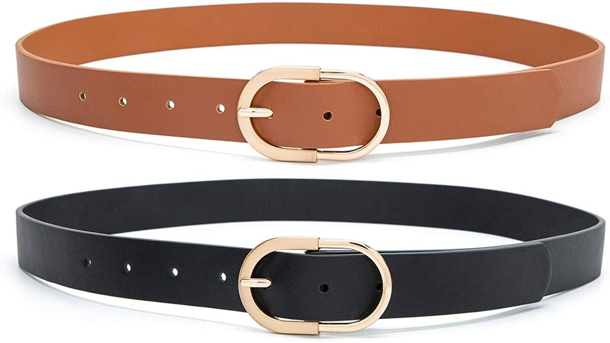 SANSTHS 2 Pack Women Leather Belts Faux Leather Jeans Belt with Double  O-Ring Buckle (Black & Brown, XS) at  Women's Clothing store
