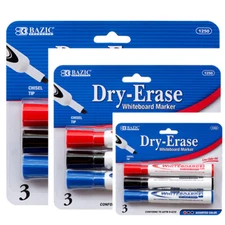 BAZIC Assorted Color Chisel Tip Dry-Erase Markers (3/Pack) 3 Pack, Total 9 Pcs