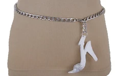 Women Narrow Band Belt Waist Hip Silver Metal Chain Pump Shoe Buckle Size XS S M