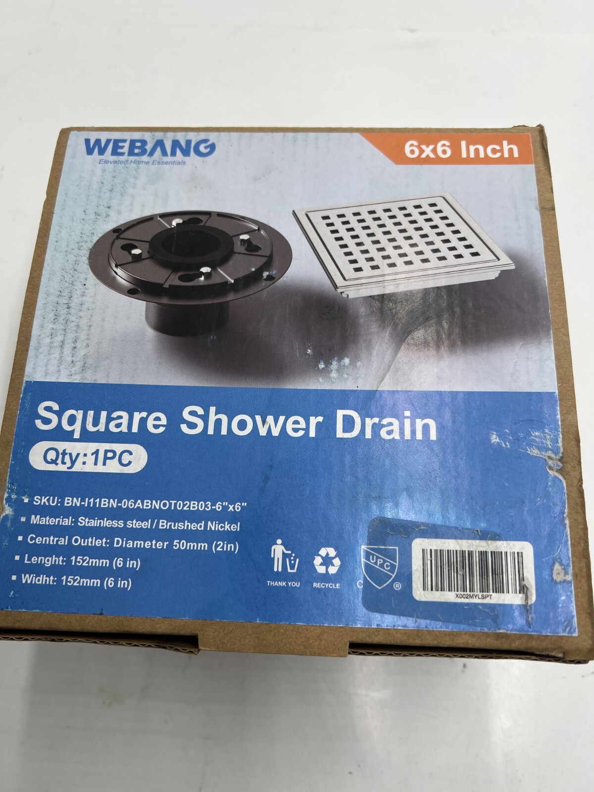 QTY 2 Webang 6x6 Inch Square Stainless Steel Shower Drain Brushed Nickel