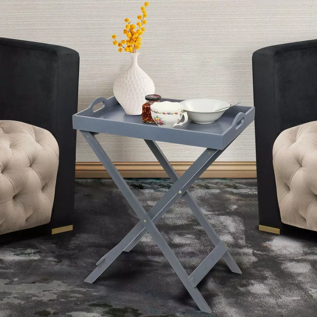 Folding Butlers Side Table Portable Wooden Grey Food Serving Tray