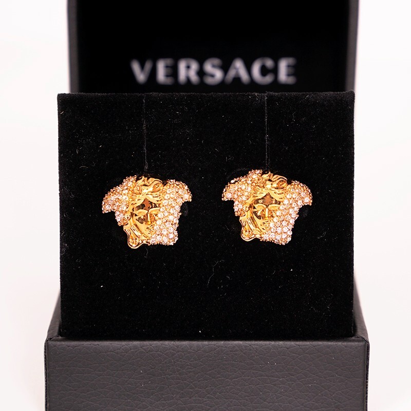 ★25SS VERSACE MEDUSA BUTTON ゴールド ロゴ メタル ピアス NEW $445 VERSACE GoldTone Brass Palazzo MEDUSA HEAD Crystal