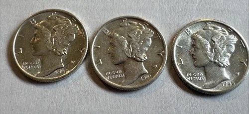 (3) AU + Mercury Dimes Almost FB 1940-S 1941-S 1945-D Great Dates brilliant