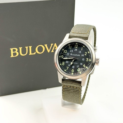 #ad Bulova Special Edition 96A259 Hack Black Dial Green Fabric Strap Men#x27;s Watch $190.06