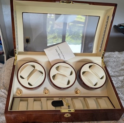 Cherry Wood Watch Winder with Glass Lid, Lock, led light, Holds 6-13 Watches.