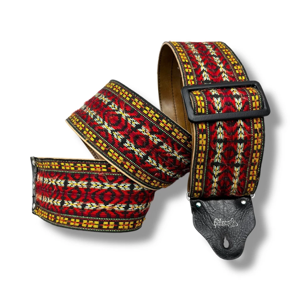 Винтажный гитарный ремень 1970-х Gibson ACE тканый ширина 3 дюйма красный узор длина 48 дюймов - Изображение 3 из 4
