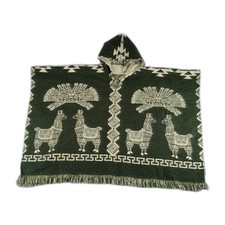 Peruvian Native Alpaca Wool Fringed Detail Hooded Poncho Unisex Green  Cream