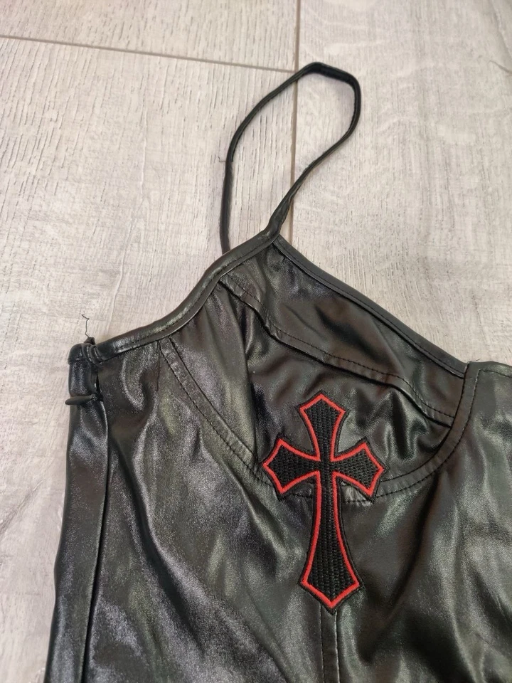 V-Neck Faux Leather Mini Bodycon Dress Size Large Black - Image 3 of 4