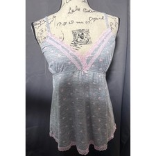 Rene Rofe Women's M Babydoll Sleep Cami Gray Pink Hearts Lace Coquette Lingerie