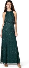 Adrianna Papell Womens Art Deco Beaded Blouson Dress 8 Dusty Emerald Halter Neck