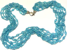 Vintage Necklace HONG KONG Multi Strand Beaded Blue Aqua Lucite Twist Bib 4