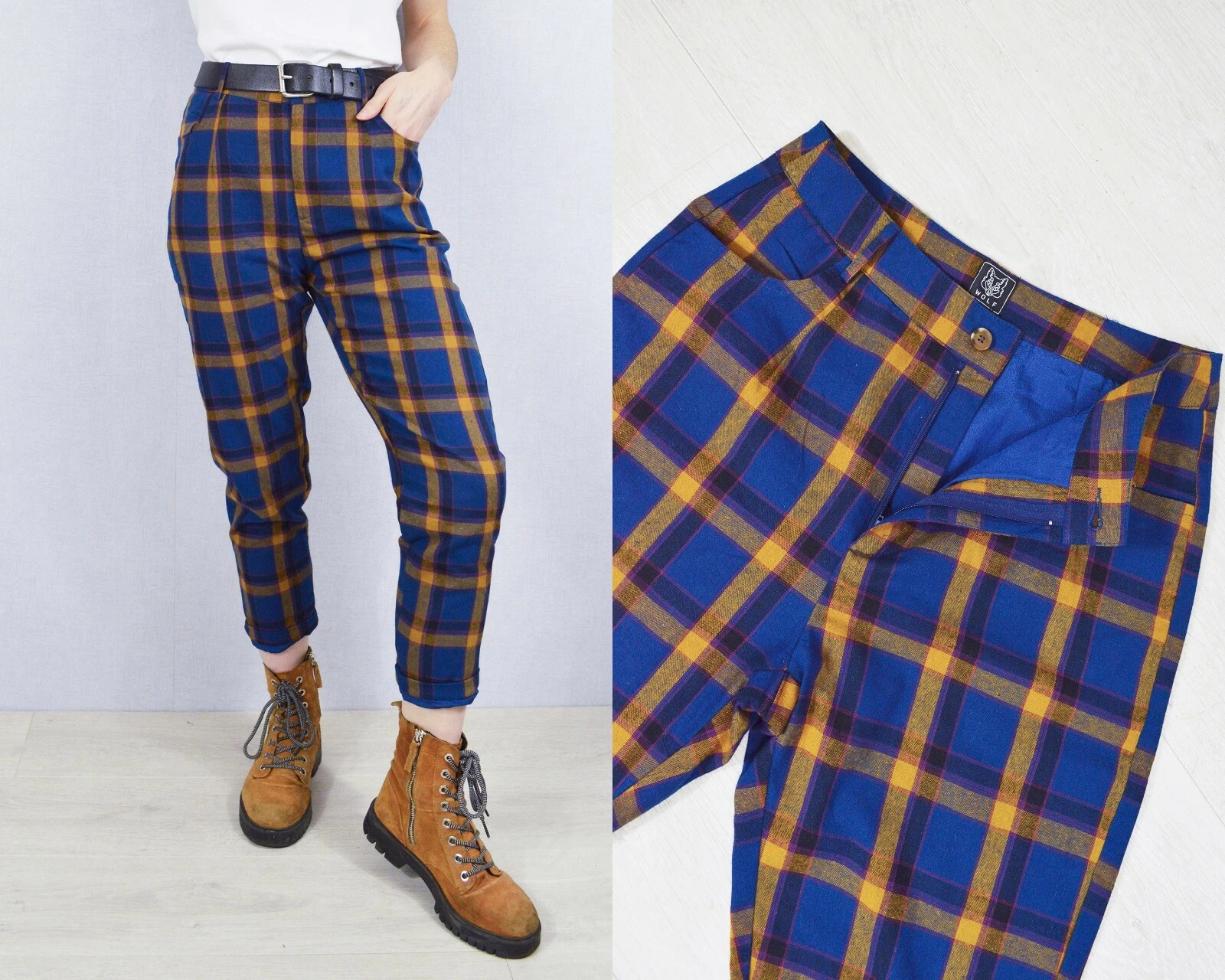 High Waisted Check Pants Tartan - Capri Trousers Carrot Leg Tapered - All Sizes