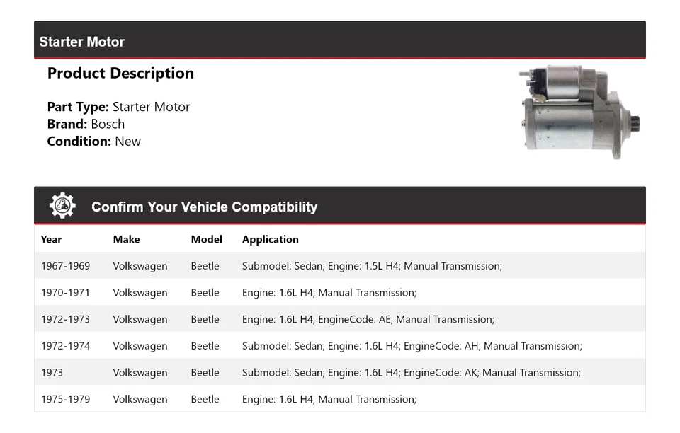 For 1967-1979 Volkswagen Beetle Bosch Starter (New) 1968 1969 1970 1971 1972 - Image 2 of 4
