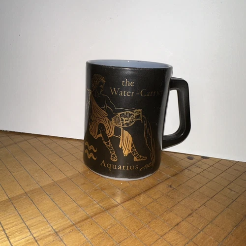 Federal Aquarius Milk Glass Coffee Cup Mug, USA Gold on Black 4” Vintage Zodiac