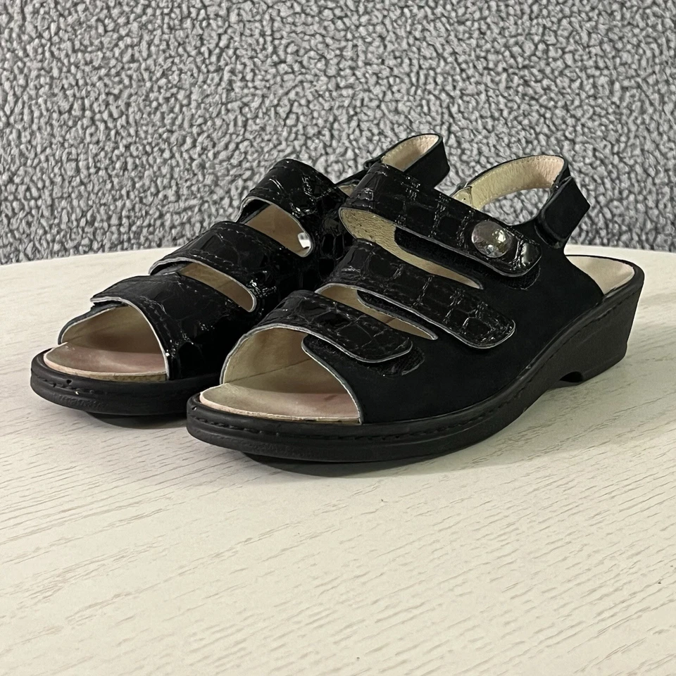 Spring Step Sandals Womens 41 / 9.5 Black Leather Strappy Slingback Wedge Shoes - Image 2 of 4