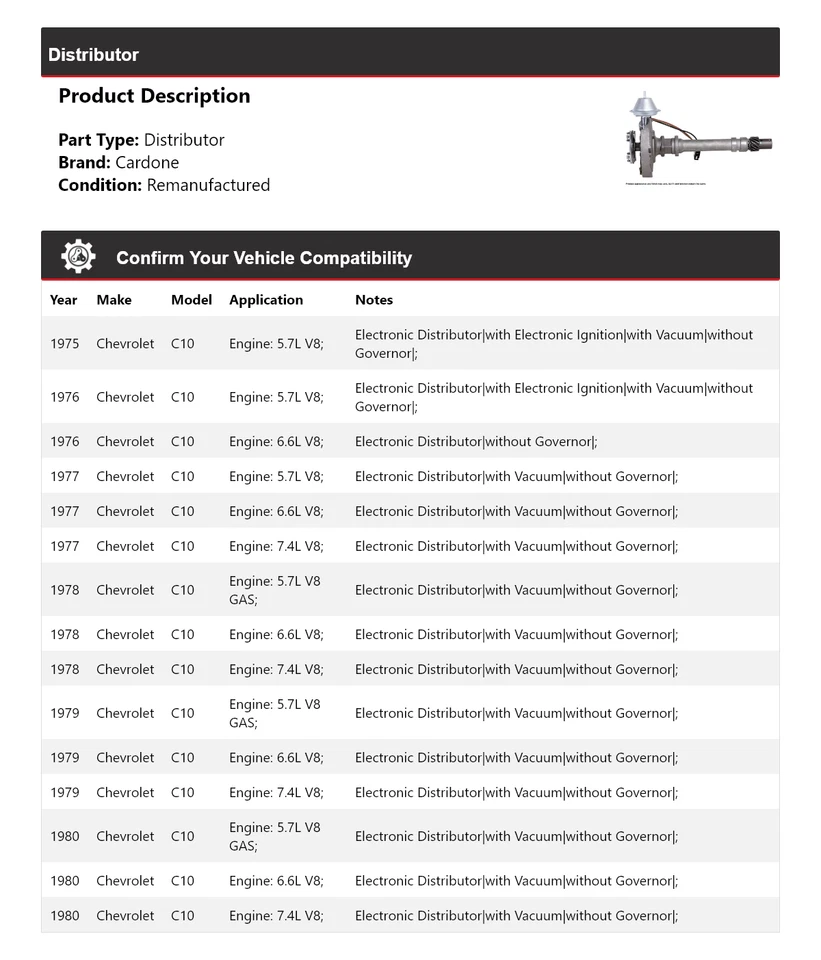 Para Chevrolet C10 1975-1980 Distribuidor Cardone 1976 1977 1978 1979 Foto 2 de 4