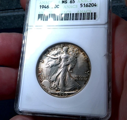 1946 Walking Liberty Half Dollar 50c - ANACS MS65 - Stunning Toner +COLORS+