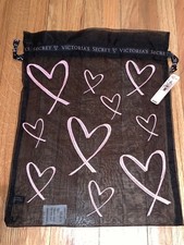 Victoria's Secret Lingerie Black Sheer Mesh Bag w/Pink Embroidered Hearts NEW