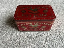 Union Leader Cut Plug Tobacco Metal Tin 6" x 3" x 3 1/2". 