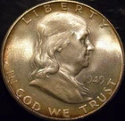 1949-S Franklin Half Dollar Gem BU Uncirculated FBL Light Rainbow Toned