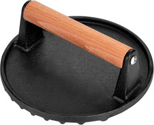 Smashed Burger Press, 7&rdquo; round Heavy-Duty Cast Iron Smash Meat Steak with Wooden