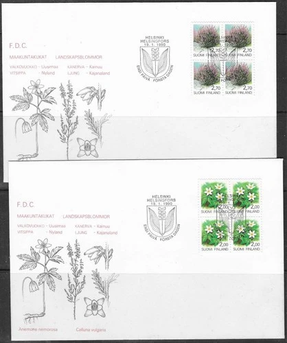Finland 1990 Flowers, Anemone & Heather, BLOCKS OF FOUR First Day Covers