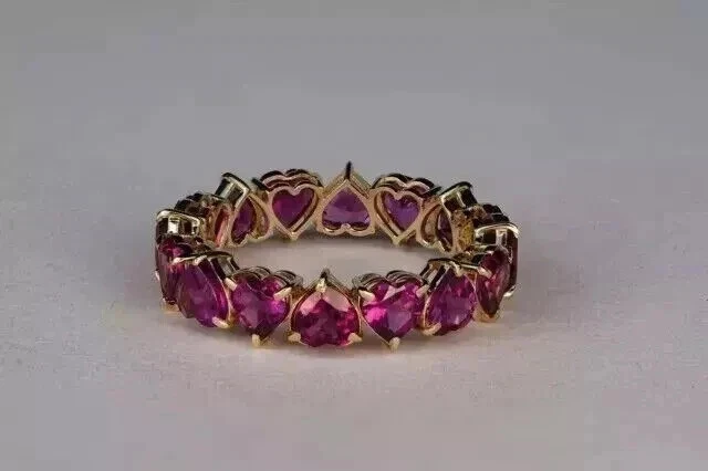 2.1 Ct Heart Cut Lab Created Pink Ruby Women's Band Ring 14K Yellow Gold Plated - Image 2 of 4
