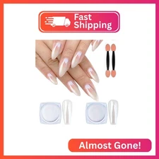 Artdone 2PCS White Pearl Chrome Nail Powder,Iridescent Aurora Powder Metallic Mi