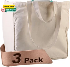 15“×15”×10” Large Canvas Tote Bag, 3-Pack Reusable Grocery Bags with Pockets, Lo