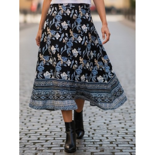 Notations Vintage Floral Midi Skirt Border Print Cottagecore Boho 90's