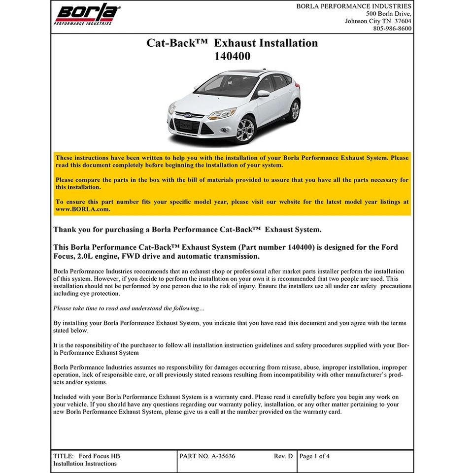 Kit de escape trasero Borla 140400 Touring acero inoxidable gato para Ford Focus 2012-18 2,0 L Foto 4 de 4